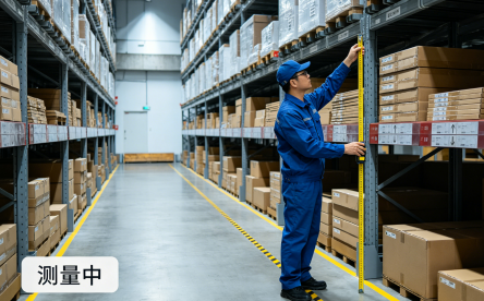 Engineer measuring warehouse mezzanine racking height with a tape measure